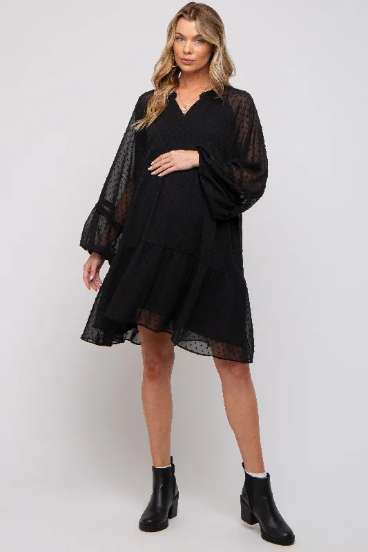 Mini Dresses with fitted silhouette-Black Swiss Dot Chiffon Tiered Maternity Dress