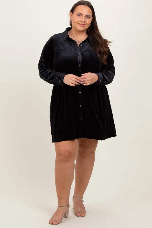 Mini Dresses with flattering waist-Black Velvet Button Down Plus Mini Dress