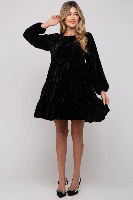 Mini Dresses with back bow-Black Velvet Tiered Long Sleeve Maternity Dress