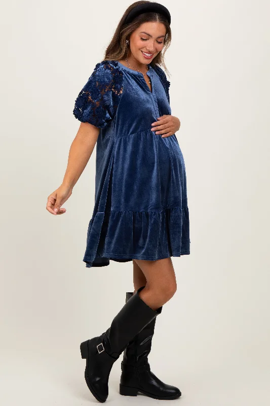 Mini Dresses for modern looks-Blue Velvet Floral Lace Short Sleeve Maternity Dress