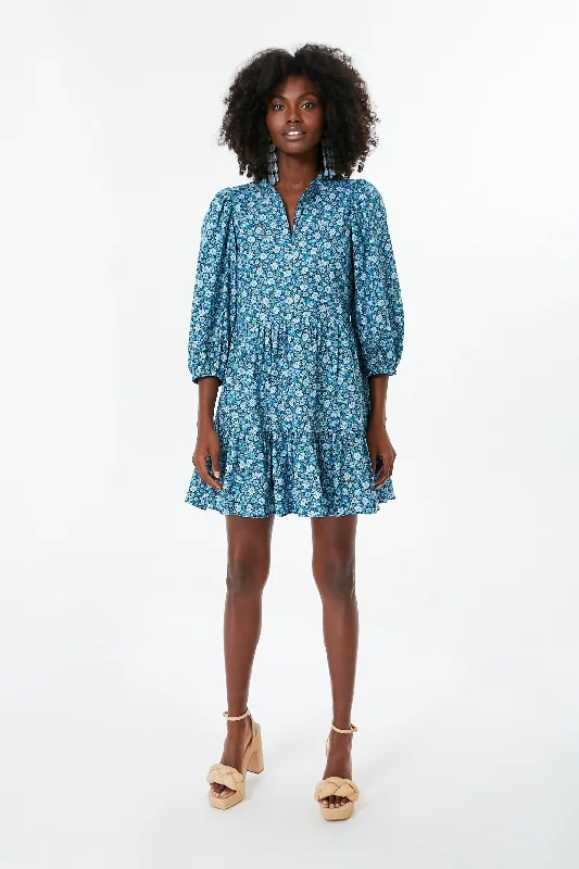 Mini Dresses with comfy design-Blue Zip Front Flora Mini Dress