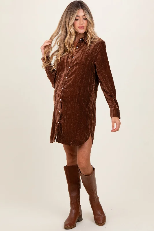 Mini Dresses for effortless chic-Brown Crinkled Velvet Button Down Maternity Shirt Dress