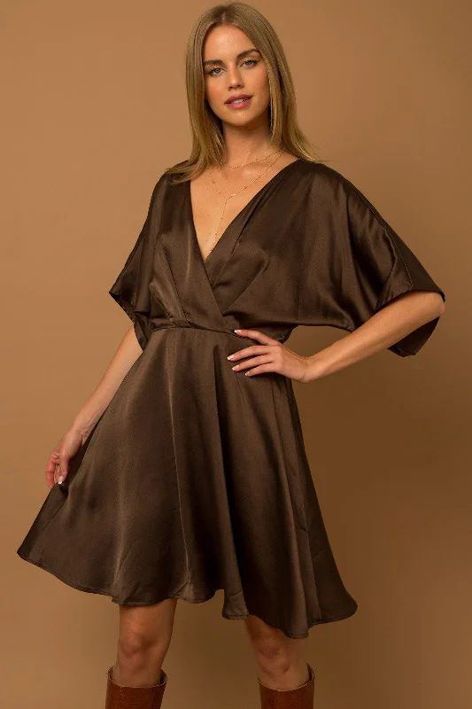 Mini Dresses with beaded detail-Brown Flowy Sleeve Surplice Back Tie Pleated Dress