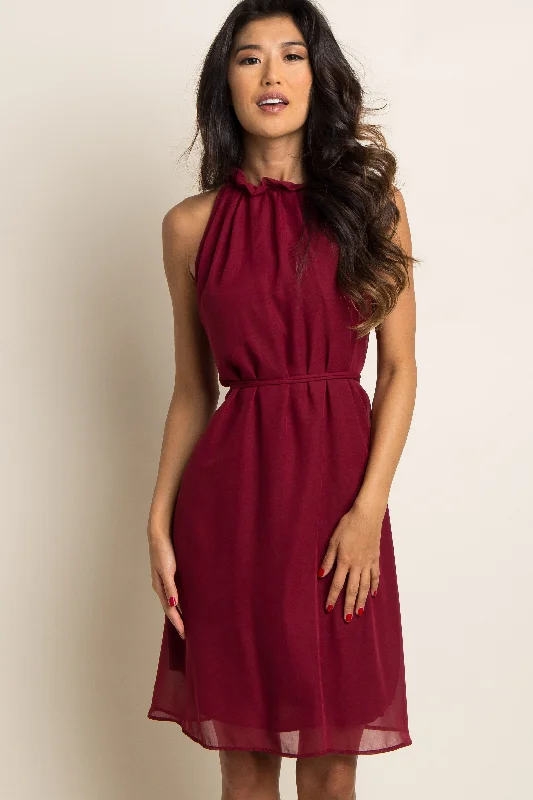 Mini Dresses with animal print-Burgundy Chiffon High Neck Dress