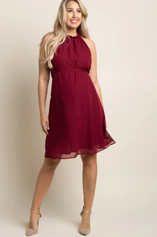 Mini Dresses for weekend adventures-Burgundy Chiffon High Neck Maternity Dress