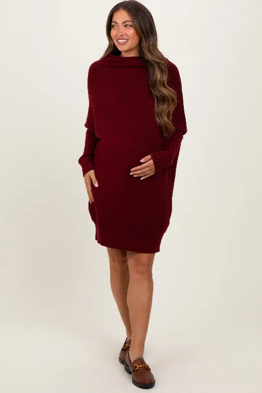 Mini Dresses with trendy prints-Burgundy Funnel Neck Dolman Sleeve Maternity Mini Dress