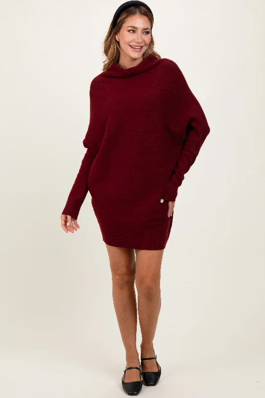 Mini Dresses with ruffled details-Burgundy Funnel Neck Dolman Sleeve Mini Dress