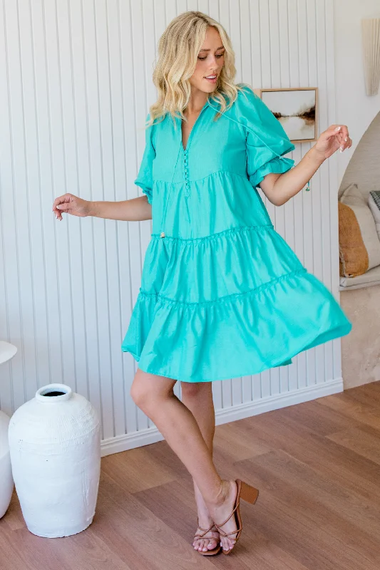 Mini Dresses with puff sleeves-Collins Dress Aqua