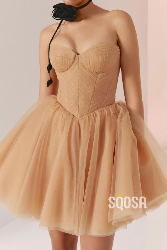 Mini Dresses with metallic accents-Casual Tulle A-Line Sweetheart Strapless Party/Homecoming Dress QS2535