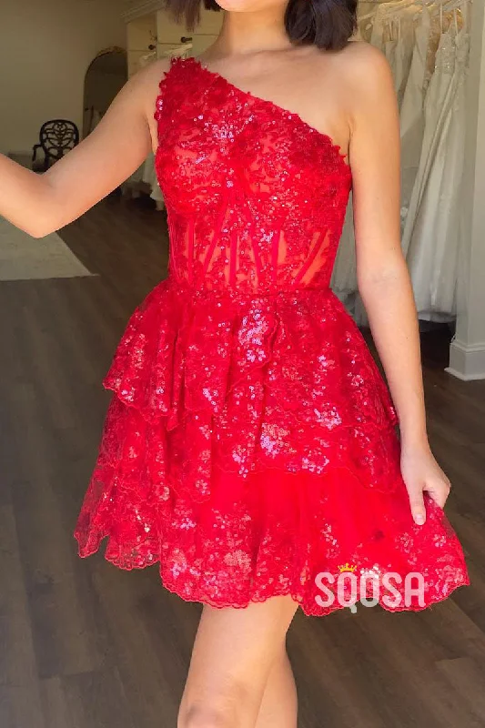 Mini Dresses with gathered skirt-Satin A-Line One Shoulder Lace Sequined Party/Homecoming Dress QS2549