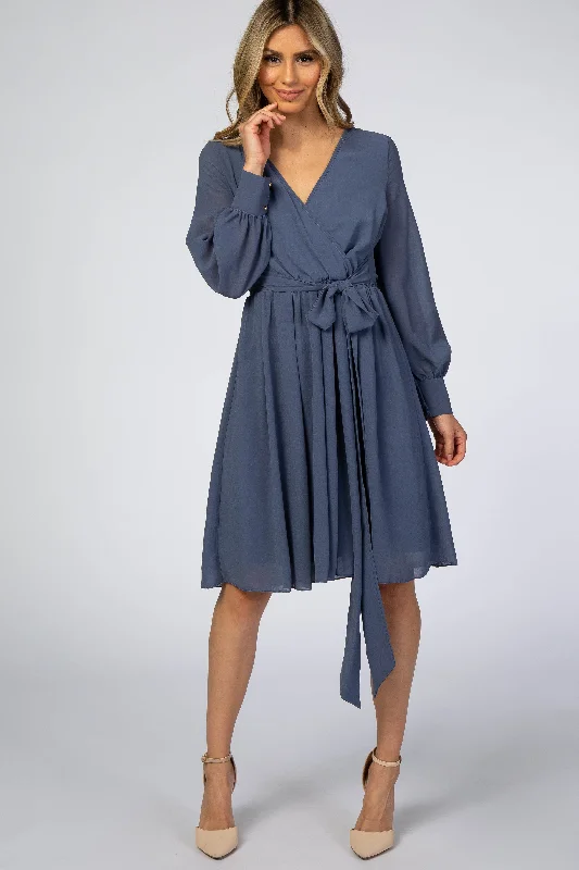 Mini Dresses for weddings-Dusty Blue Chiffon Wrap Dress