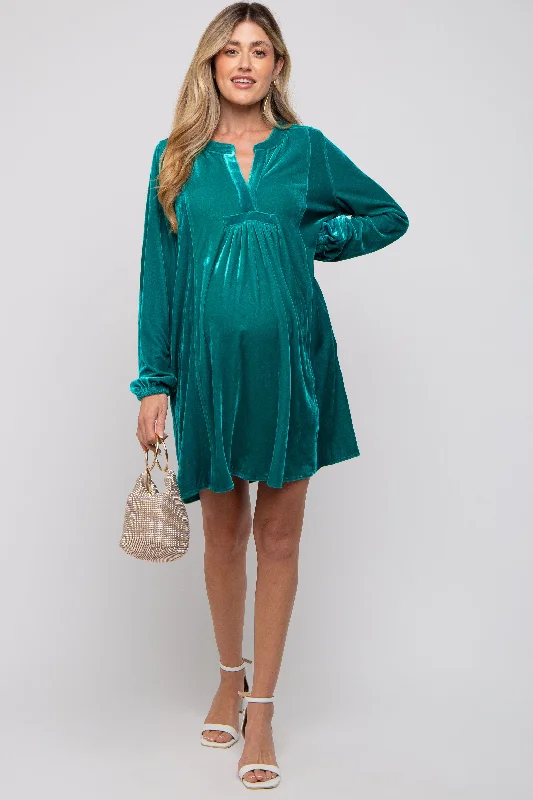 Mini Dresses with cold shoulder-Emerald V-Neck Velvet Maternity Dress