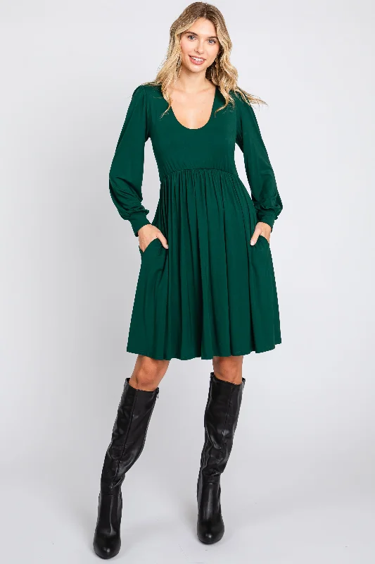 Mini Dresses for trendy chic-Forest Green Long Puff Sleeve Dress