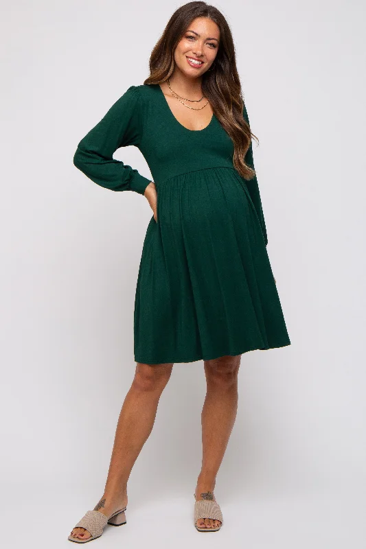 Mini Dresses for everyday wear-Forest Green Long Puff Sleeve Maternity Dress