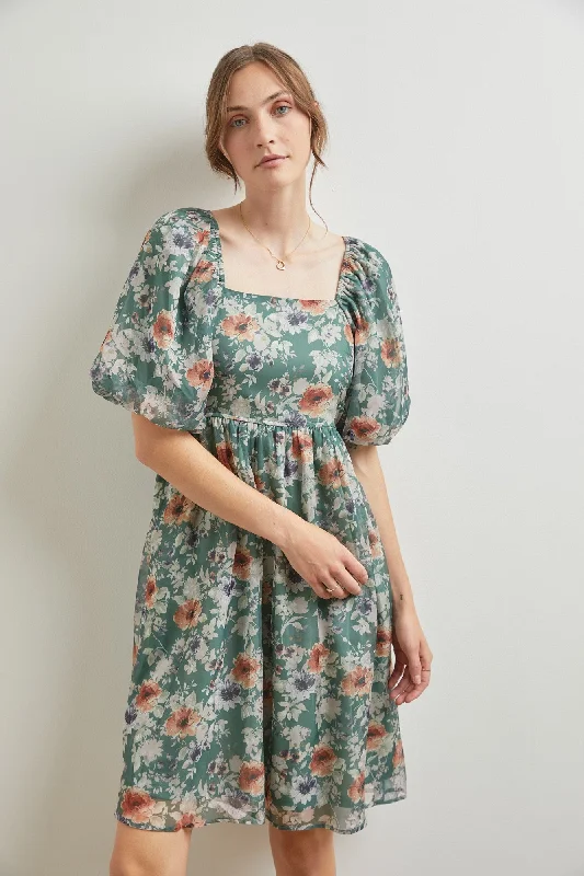 Mini Dresses for tea parties-Green Floral Puff Sleeve Dress