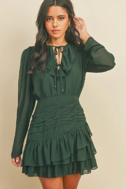 Mini Dresses for warm weather-Green Ruffle Ruched Mini Dress