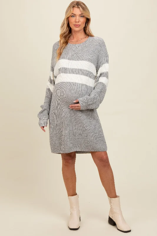 Mini Dresses for tropical events-Heather Grey Relaxed Fit Striped Mini Maternity Sweater Dress