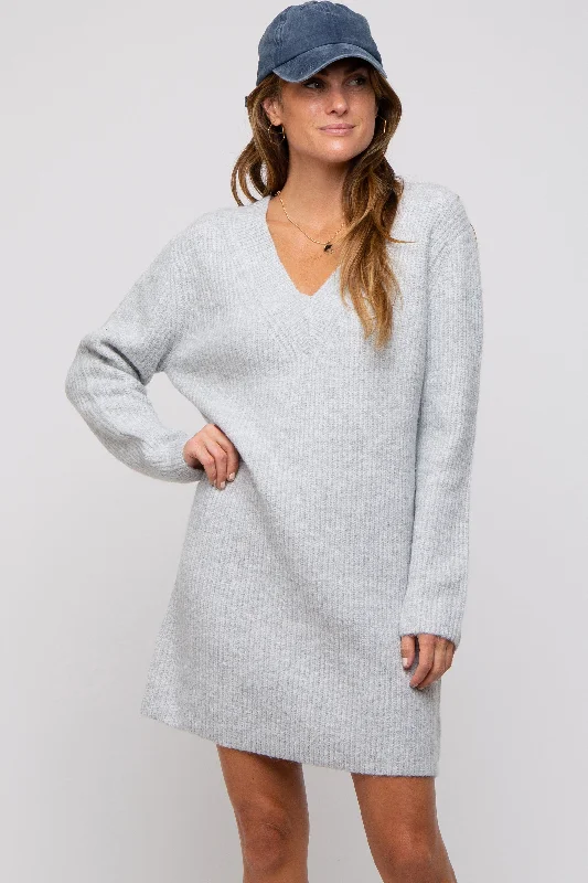 Mini Dresses for retro chic-Heather Grey V-Neck Oversized Sweater Dress