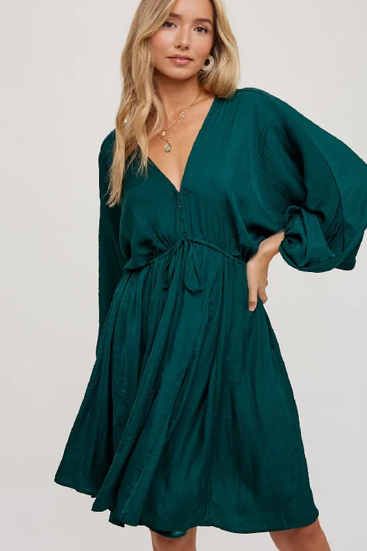 Mini Dresses with chic cut-Hunter Green Satin Open-Back Dolman Sleeved Dress