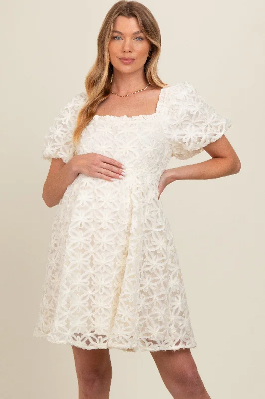 Mini Dresses white color-Ivory Floral Mesh Lace Puff Sleeve Maternity Dress