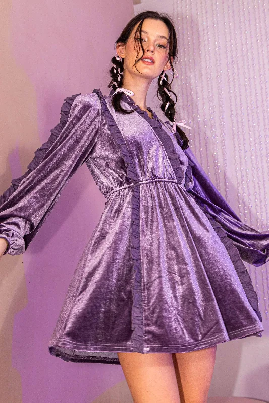 Mini Dresses for garden party look-Lavender Velvet Ruffle Detail Surplice Dress