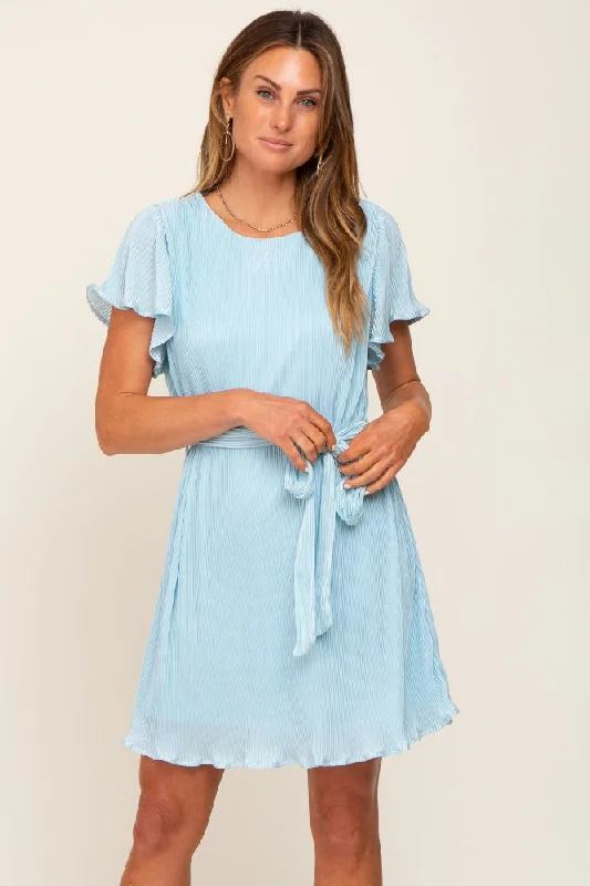 Mini Dresses for a day at the beach-Light Blue Pleated Front Tie Dress