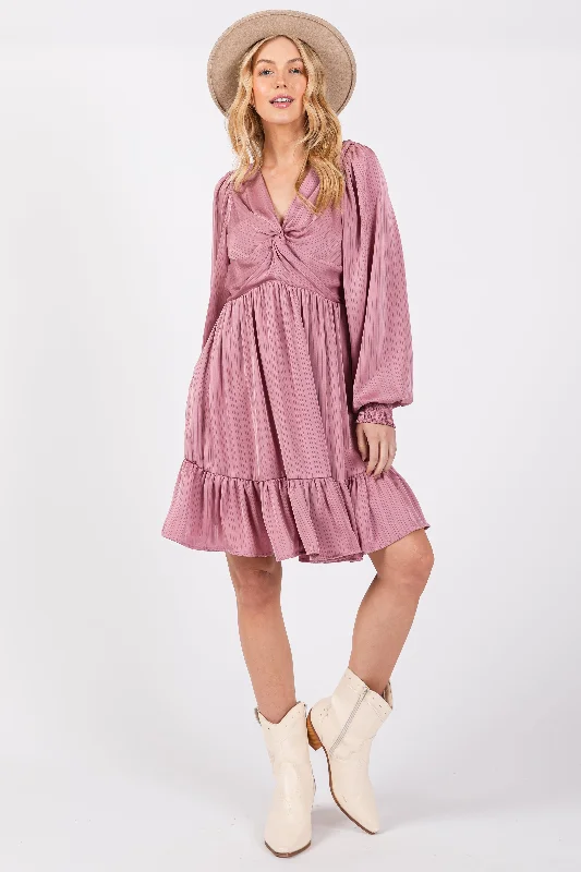 Mini Dresses for festive nights-Mauve Striped Satin Twist Front Dress