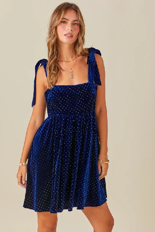 Mini Dresses with warm vibe-Navy Velour Sparkle Rhinestone Dress