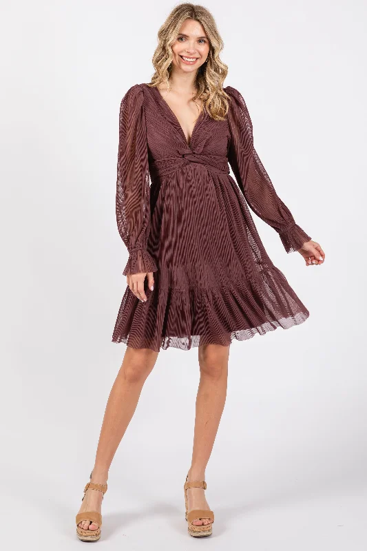 Mini Dresses for women’s night-Plum Pleated Knotted Long Sleeve Dress