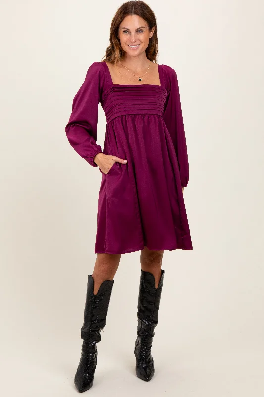 Mini Dresses for modern style-Plum Satin Pleated Detail Bodice Dress