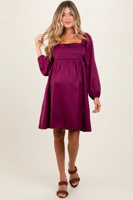 Mini Dresses for relaxed evenings-Plum Satin Pleated Detail Bodice Maternity Dress