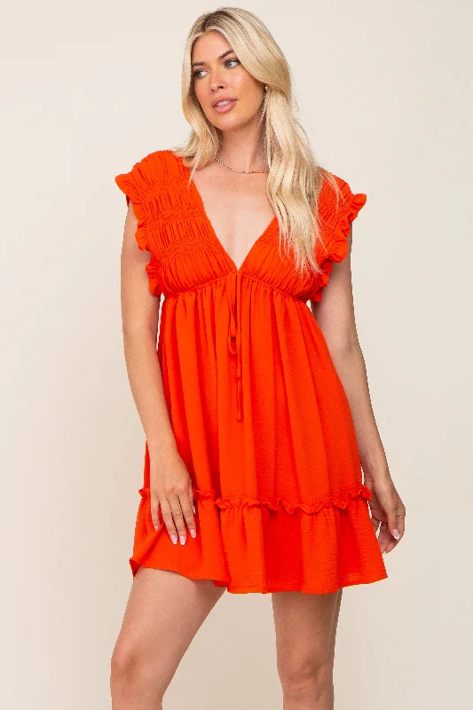 Mini Dresses for everyday fashion-Red Orange Smocked Ruffle Accent Dress