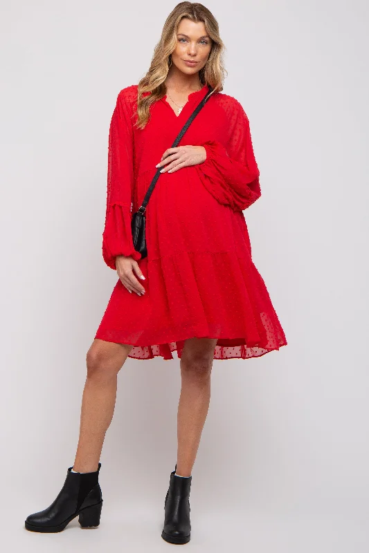 Mini Dresses for work events-Red Swiss Dot Chiffon Tiered Maternity Dress