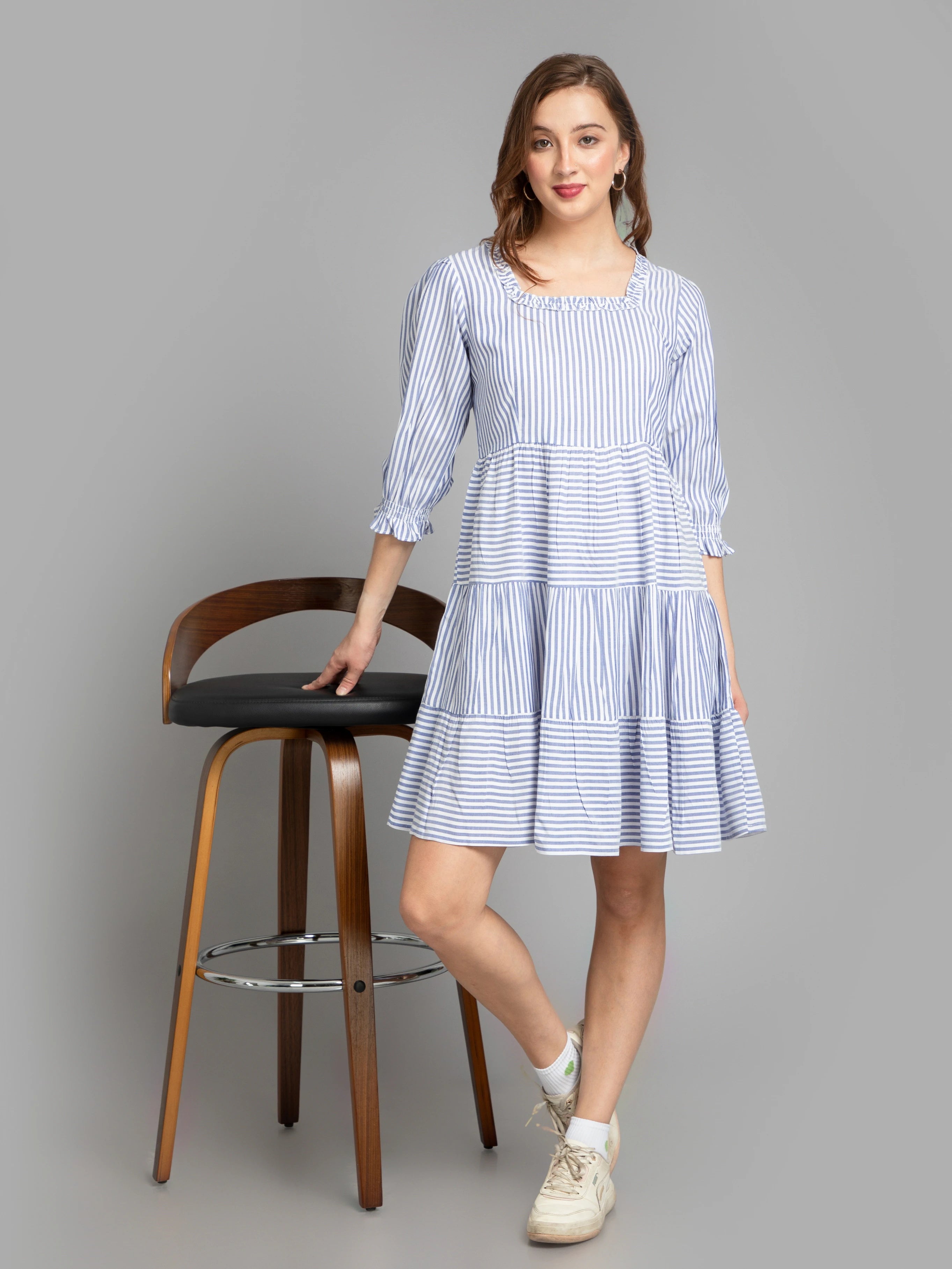 Mini Dresses with pleated hem-SUTI WOMEN COTTON YARN DYED STRIPE TIERED SHORT DRESS