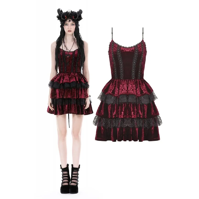 Mini Dresses with strapless design-Women's Gothic Layered Lace Splice Velvet Slip Dress