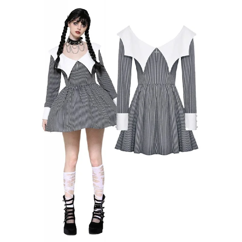 Mini Dresses for sophisticated chic-Women's Gothic Lolita Bat Striped Short Dress Gray White