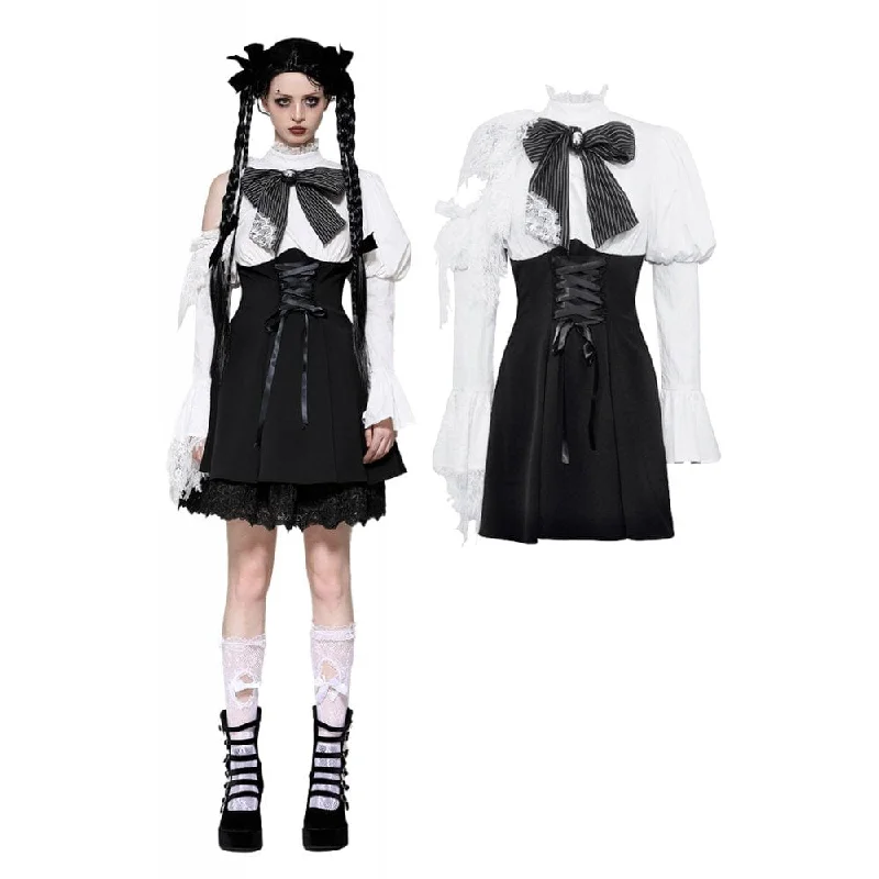 Mini Dresses with sleeves-Women's Gothic Lolita Bowknot Short Dress Black White