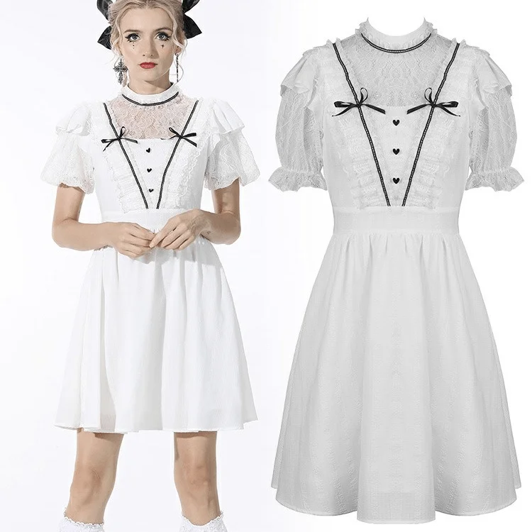 Mini Dresses for elegant parties-Women's Gothic Puff Sleeved Bowknot White Dress