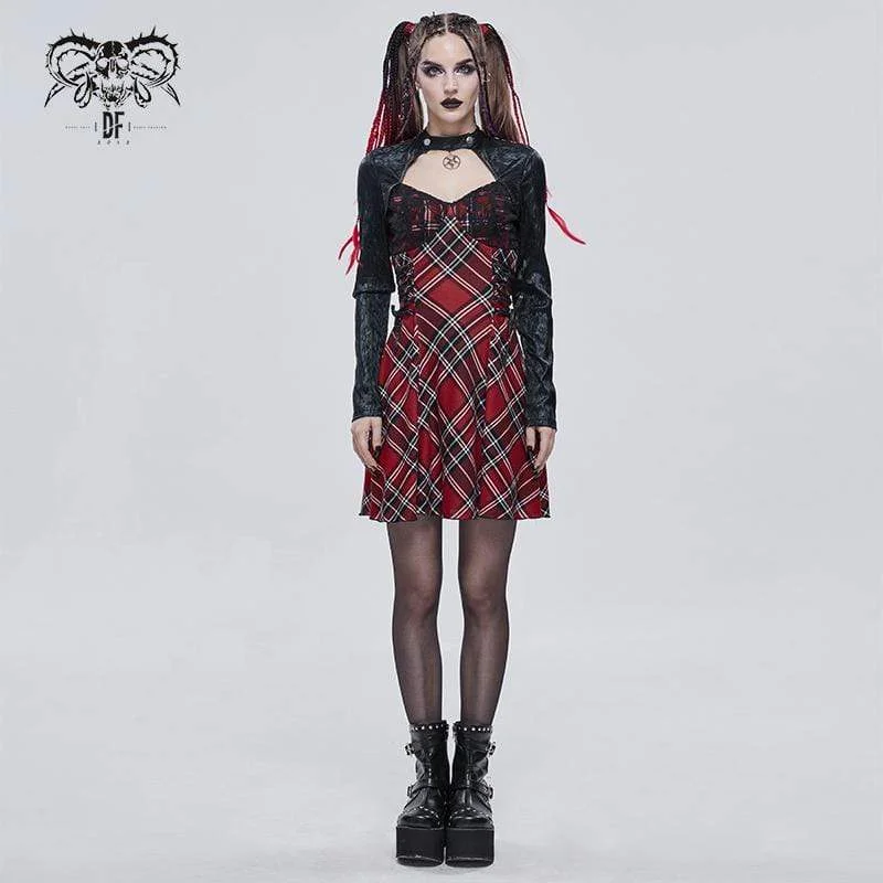 Mini Dresses for daily styling-Women's Gothic Strappy Cutout Splice Plaid Dress