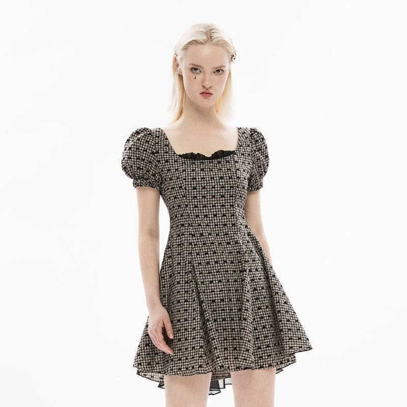 Mini Dresses with flower print-Women's Lolita Bowknot Plaid Puff Sleeved Dress