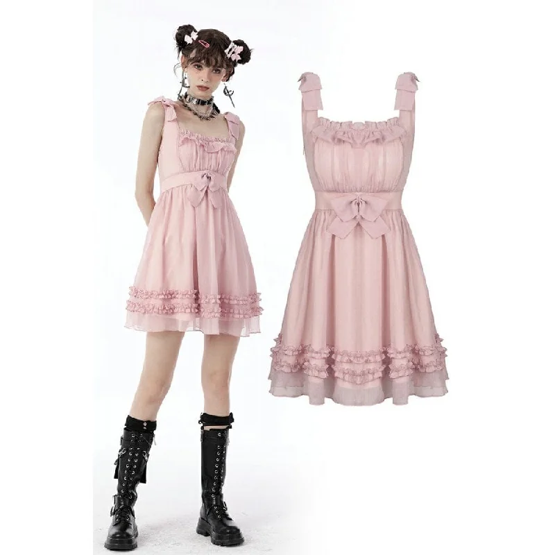 Mini Dresses for evening wear-Women's Lolita Pink Ruffles Bowknot Slip Dress