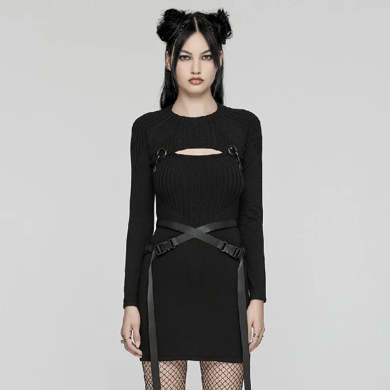 Mini Dresses with sheer details-Women's Punk Buckle Two-piece Knitted Music Festival Dress