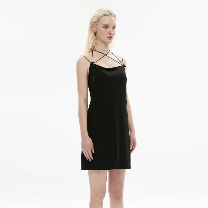 Mini Dresses for warm weather-Women's Punk Crisscross Spaghetti Backless Black Little Dress