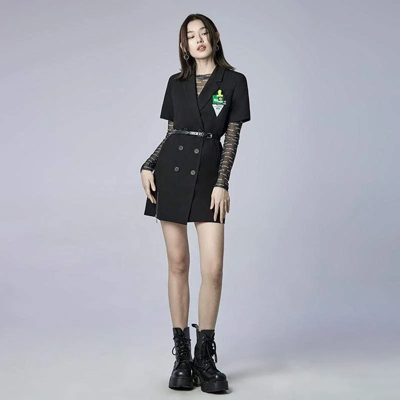 Mini Dresses for elegant casual-Women's Punk Double-breasted Suit Dress with Metal Chain Belt