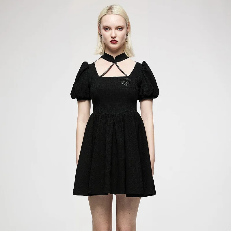 Mini Dresses with embroidery patterns-Women's Punk Halterneck Puff Sleeved Jacquard Black Little Dress