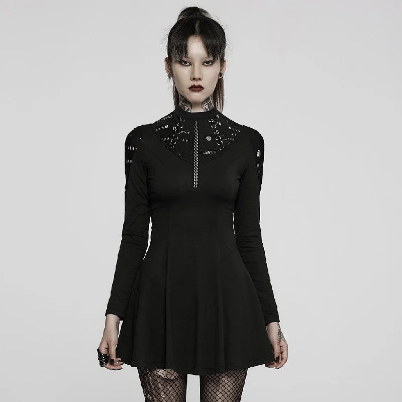 Mini Dresses with cut-out details-Women's Punk High Collar Ripped Long Sleeved Black Little Dress