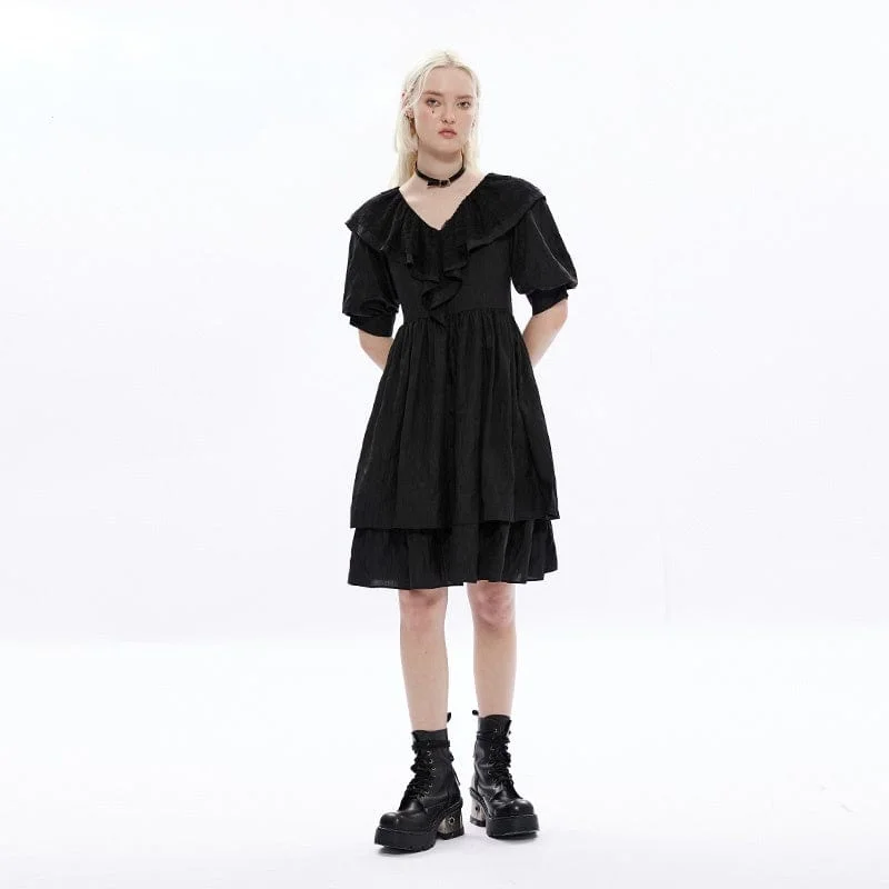 Mini Dresses for prom-Women's Punk Hooded V-neck Black Little Dress