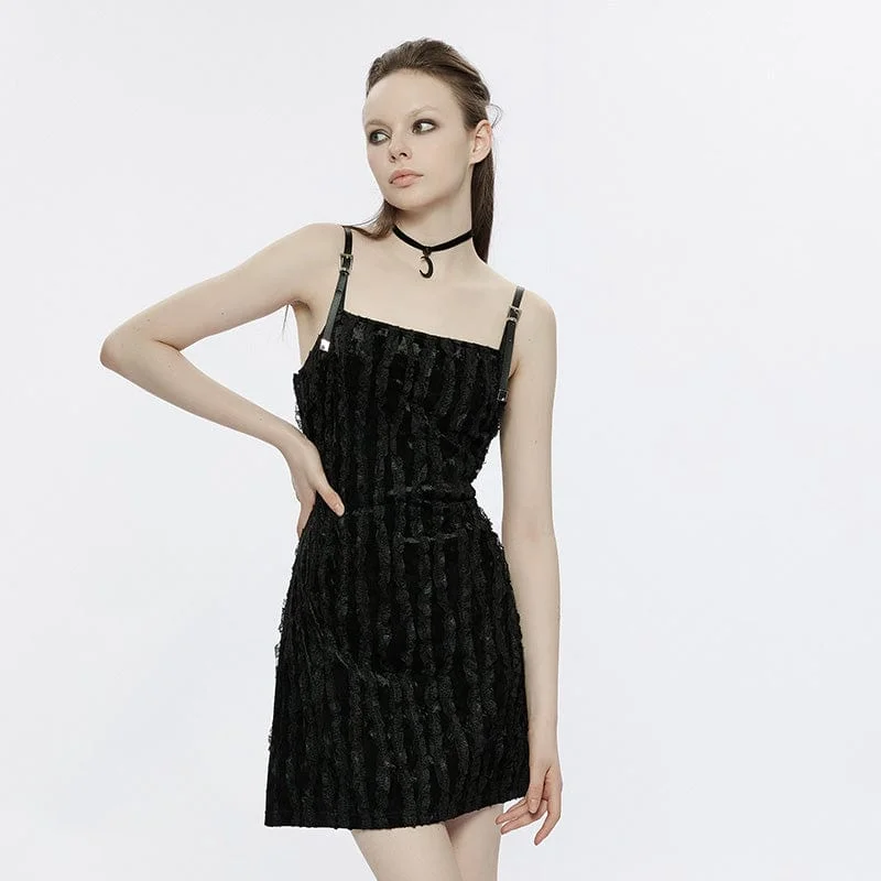 Mini Dresses for warm weather-Women's Punk Lace Splice Velvet Slip Dress