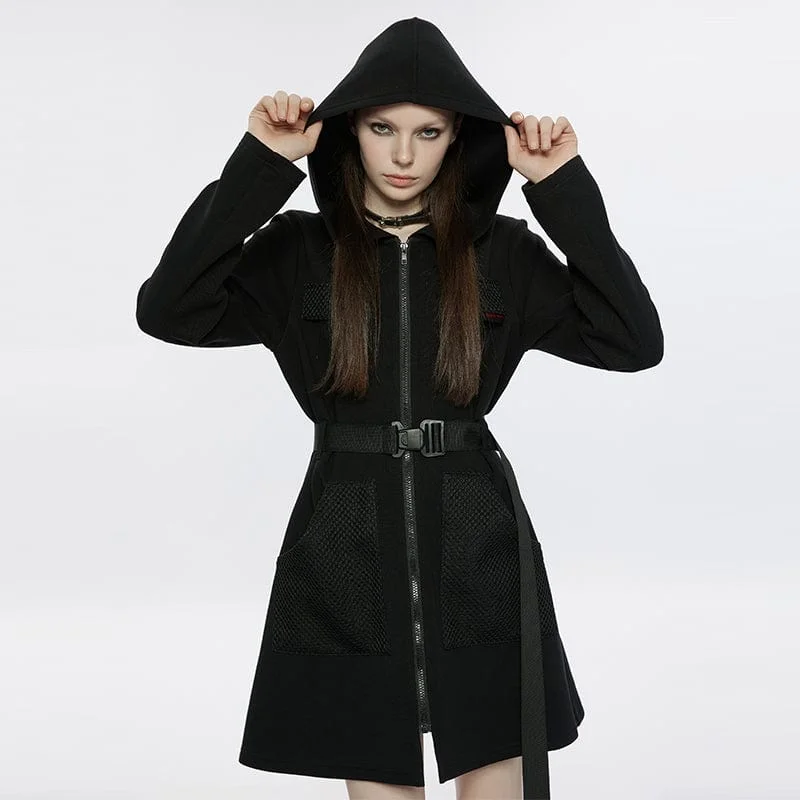 Mini Dresses with body-hugging fit-Women's Punk Mesh Splice Dress with Hood and Belt