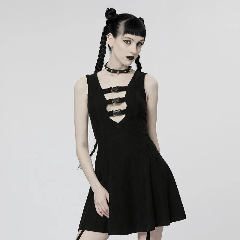 Mini Dresses for casual fashion-Women's Punk Plunging Buckles Sleeveless Dress